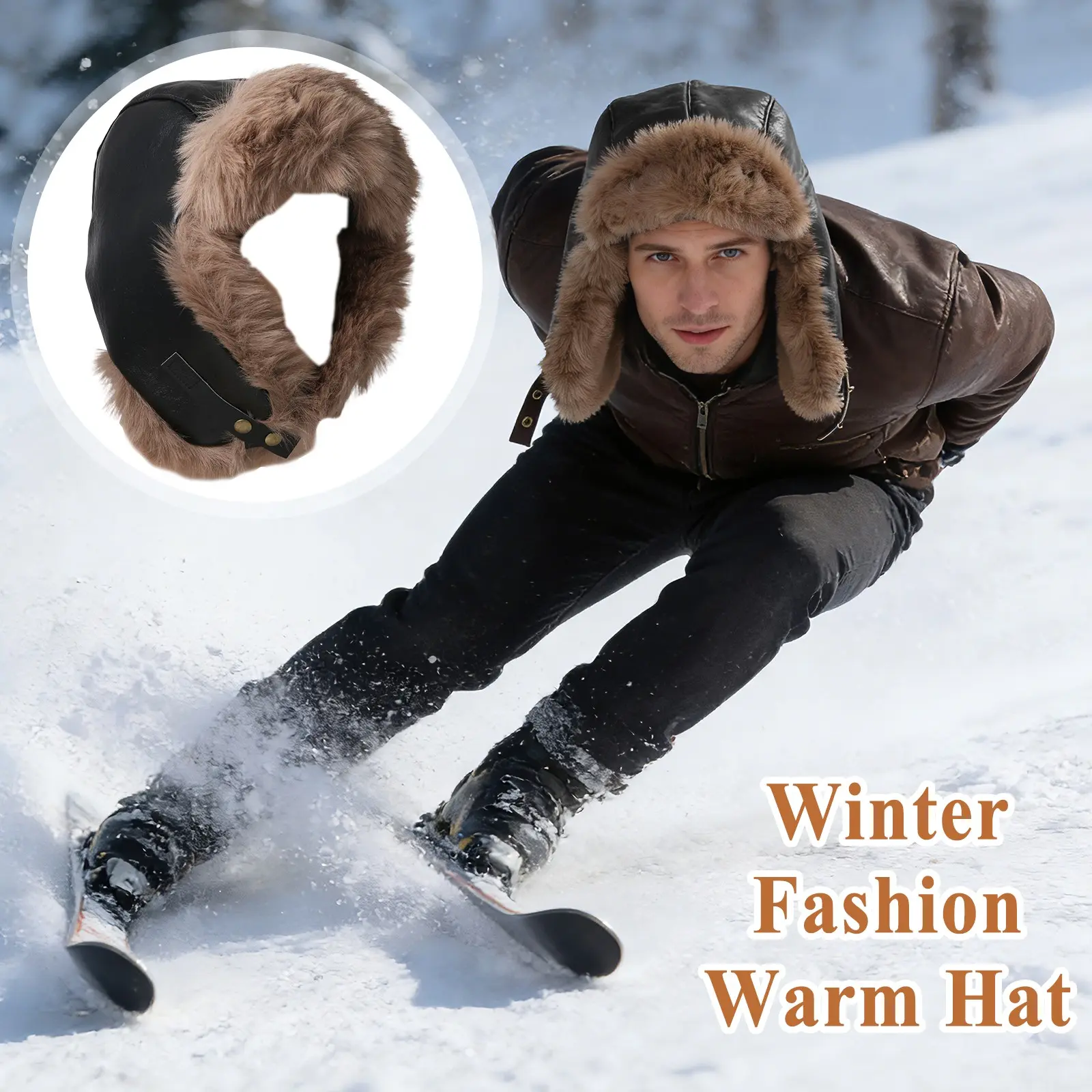 Men's Retro PU Leather Fleece Aviator Hat Winter Outdoor Warm Windproof Ski Hat