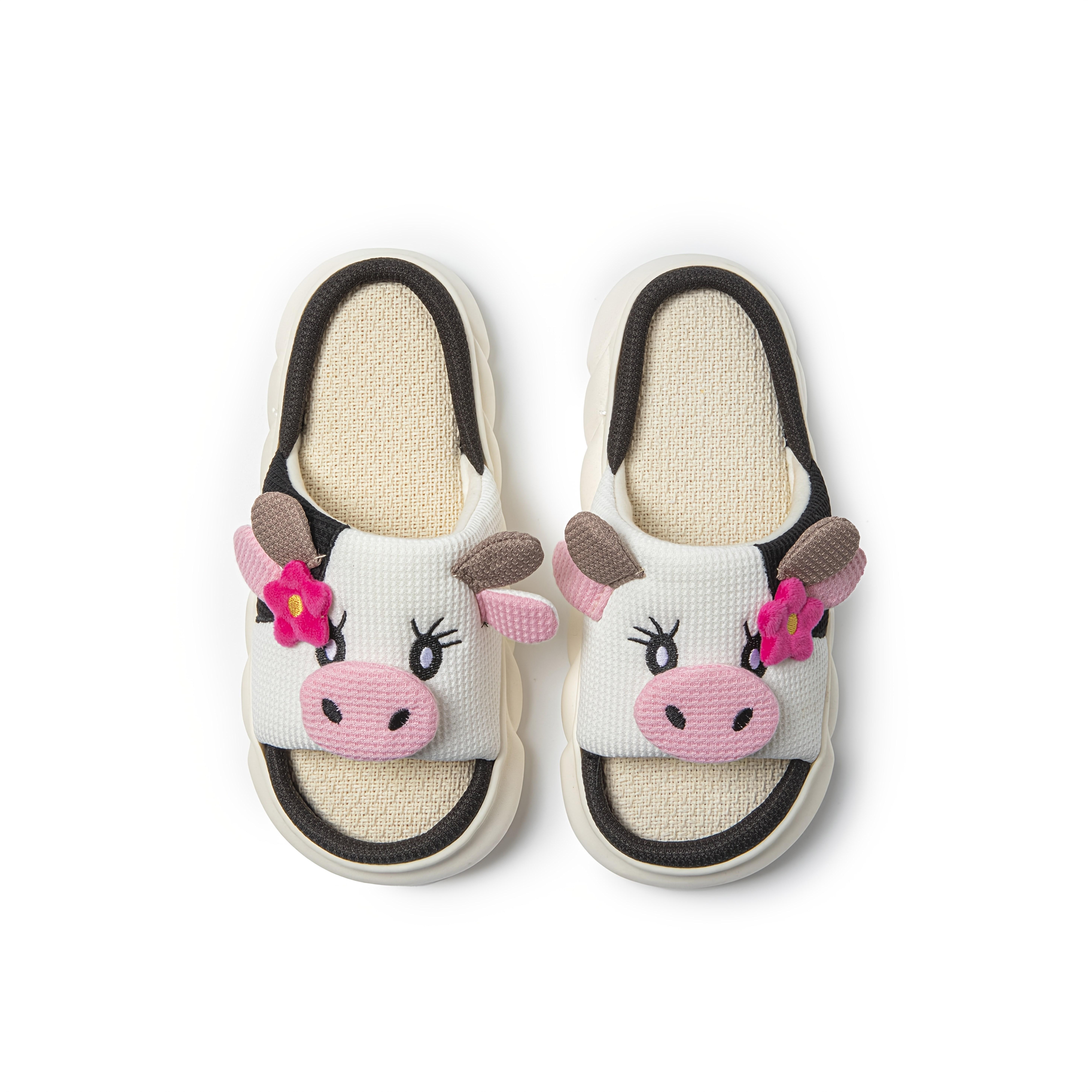 Cute Flower Cow Linen Slippers Indoor Home Use Non-Slip Odor-Resistant Outdoor Thick-Soled SandalsMinimalist Fluffy Home Slippers,Open Toe Bedroom Sandals for Gifts,Casual Soft Pink Bedroom Slippers, Fuzzy Warm Slippers for Women 2025, Walking Shoes