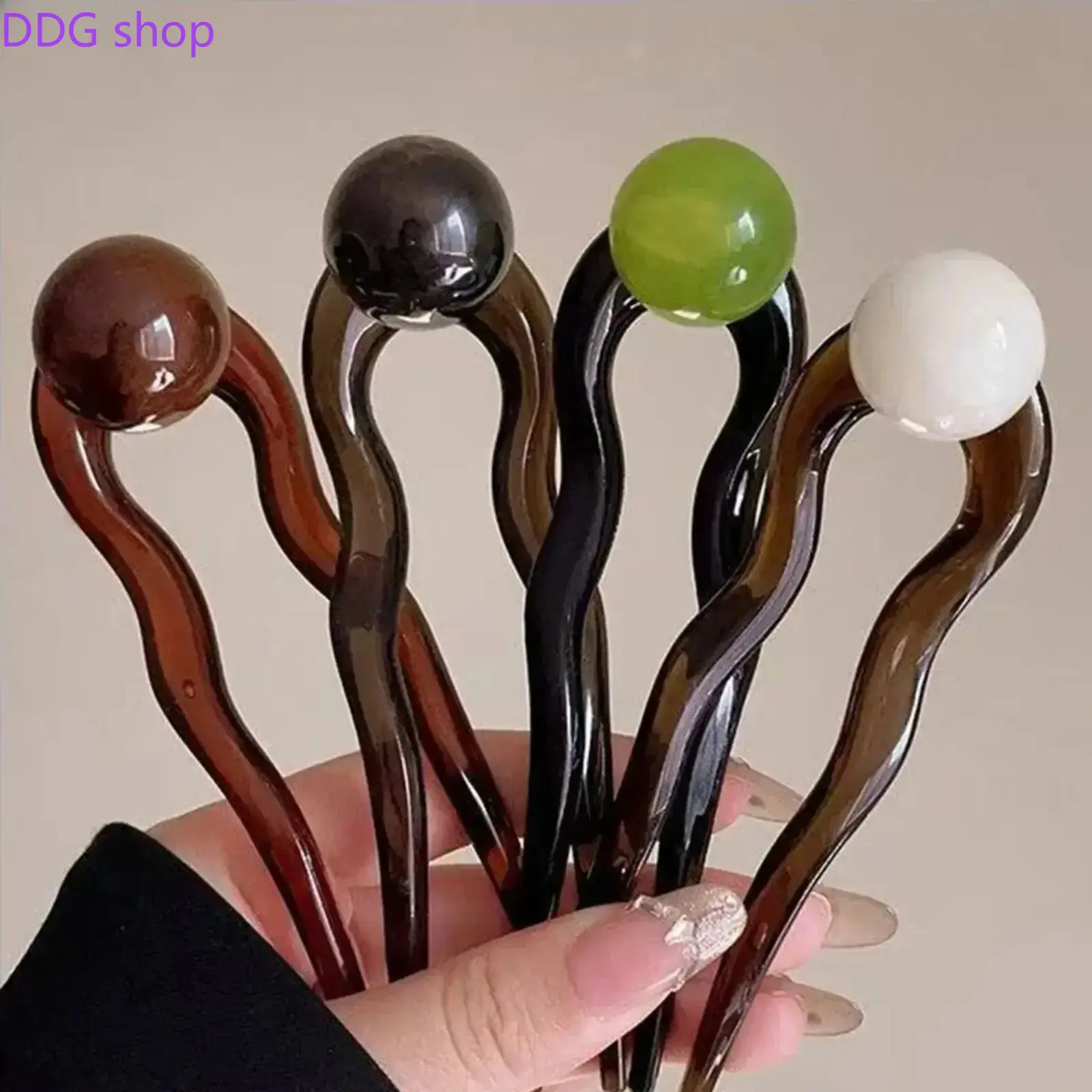 4Pcs Vintage Acrylic U-Shaped Hair Pins, Round Bead Hair Sticks for Bun Updo, Minimal Elegant Women Hair Accessories, Retro Styling Decor for Daily, Office and Formal Hairstyles