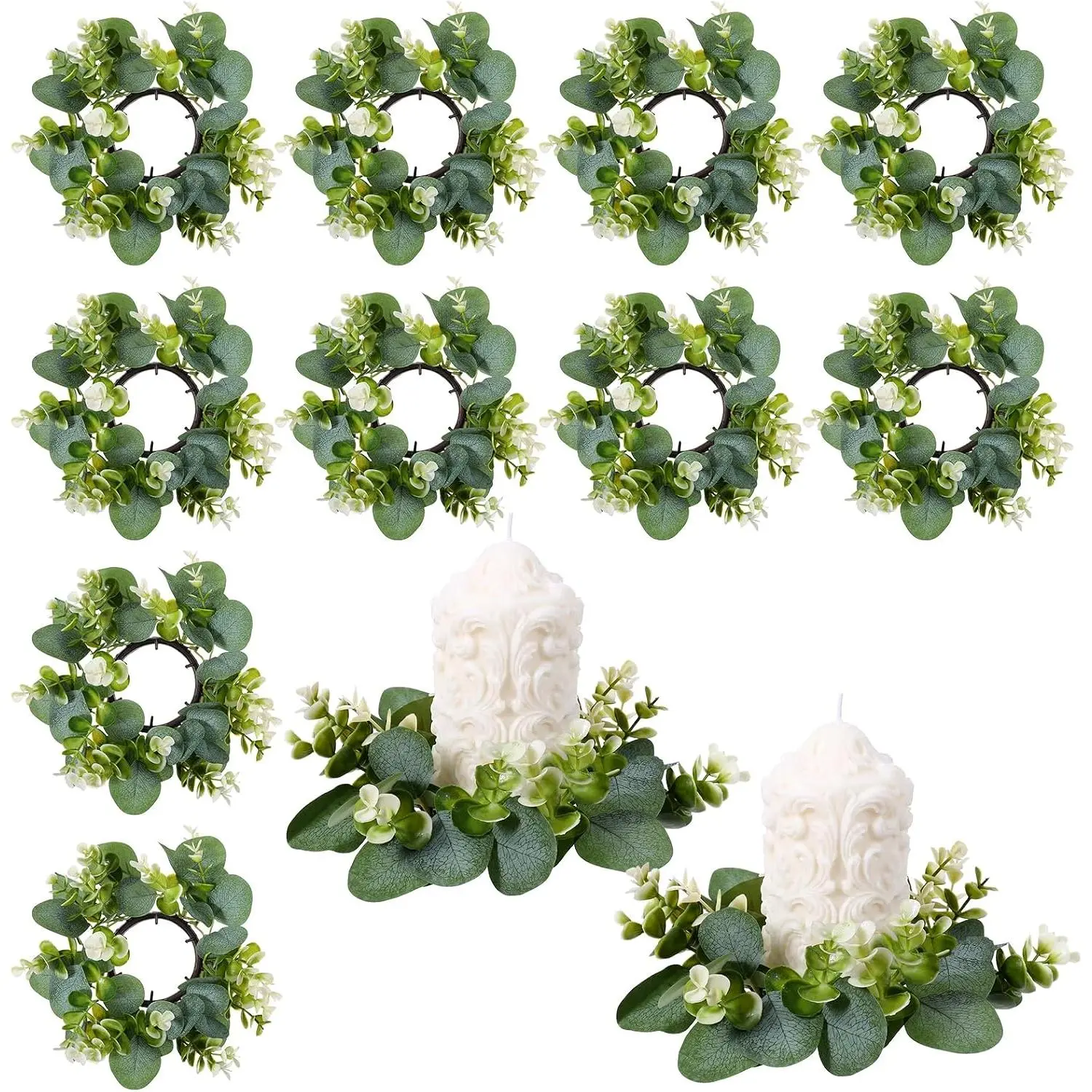12-Piece Decorative Silk Artificial Eucalyptus Candle Rings Set, Farmhouse Greenery Floral Accents for Pillar Holders, Wedding Table Centerpieces, Home Decor & Gift