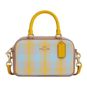 Coach Satchel 18 Handbag for Women – Metallic Mini Logo, Jacquard and Smooth Leather, Crossbody and Top Handle, Small Size, Bright Yellow