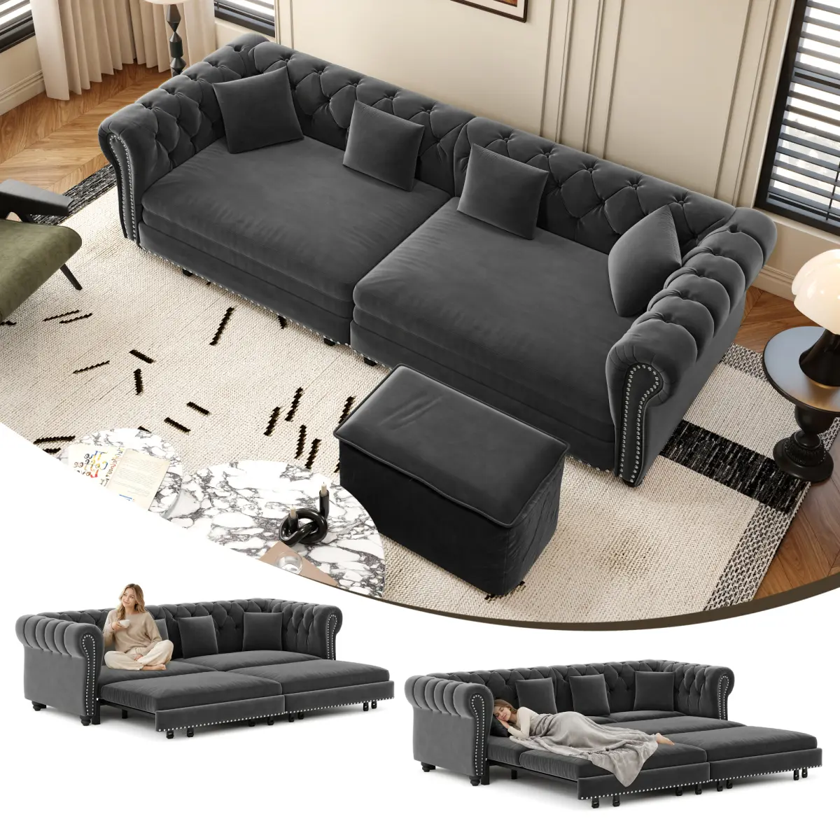 [Bellemave] 89 " 3-in-1 Pull-Out Sofa Bed, Convertible Sleeper Sofa Bed,King Size Sofa Bed, Chaise Lounge,Velvet 3-Seater Sofa with Movable Ottoman, Tufted Design