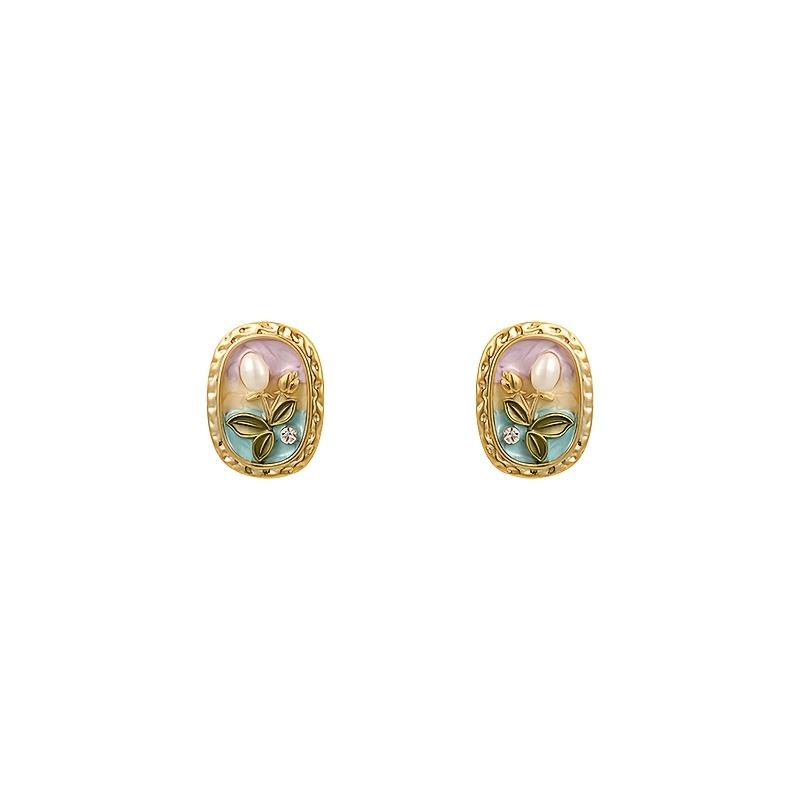 1 Pair Monet Garden Baroque Pearl Earrings - Vintage-Inspired 925 Silver Needle, Retro Oil Painting Design with Golden-Tone Frame & Colorful Enamel Accents, Perfect for Daily Wear or Parties, Women's, New Earrings