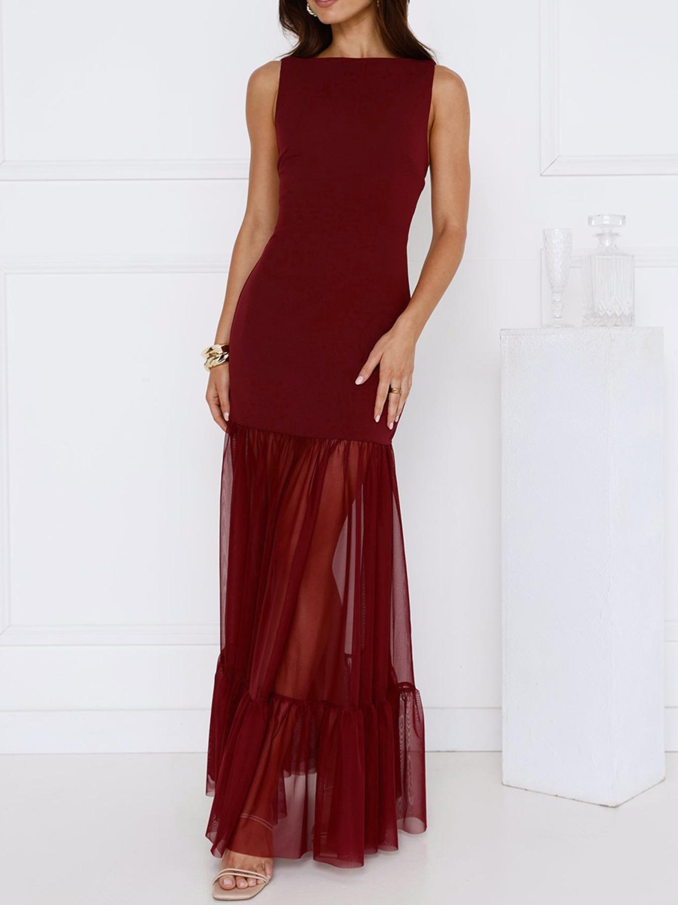 Elegant Backless Tull Slim Evening Party Dress Solid Women Wedding Guest Dress Gown