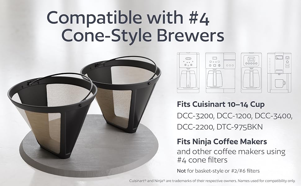2-Pack#4 Reusable Permanent Cone Coffee Filters - Compatible with Cuisinart 10–14 Cup Brewers (DCC-3200, DCC-1200, DCC-3400) & Ninja Coffee Makers - Stainless Steel Mesh, Dishwasher-Safe