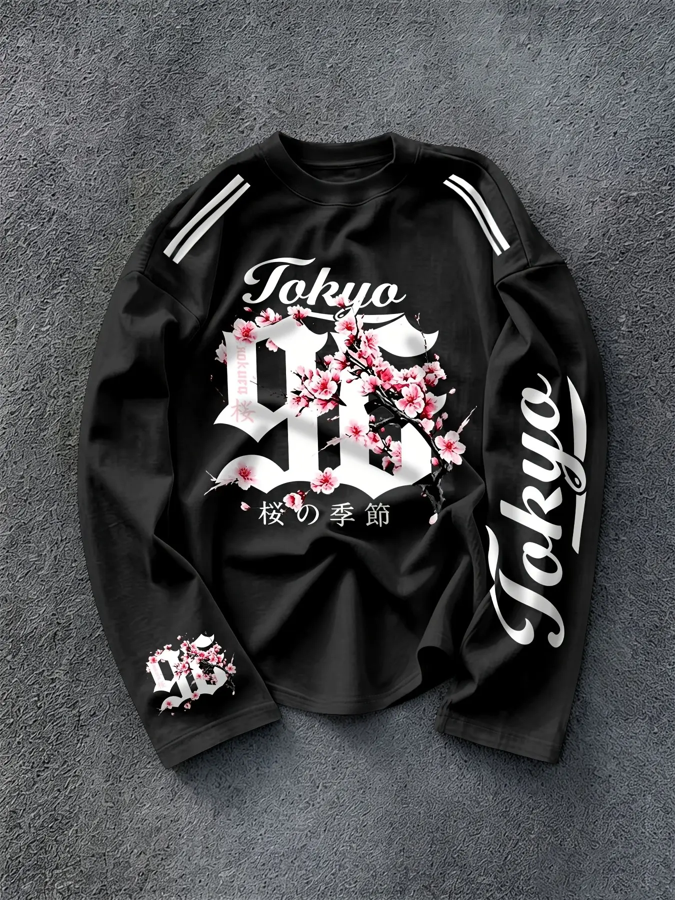 Unisex Y2K Urban Hip‑Hop Crew Neck Long‑Sleeve T‑Shirt, Japanese‑Style Tokyo Sakura Gothic Digital Print, Multi‑Pattern Sleeve Design, Loose Casual Top, Suitable for Daily Wear, Outings, Street‑Style Looks and Layered Outfits