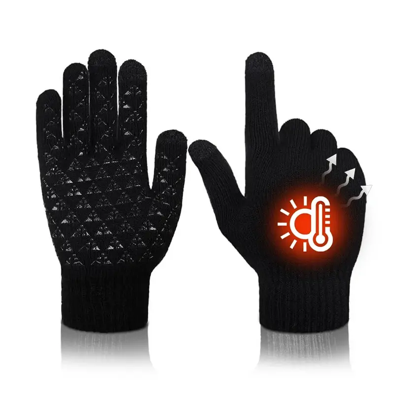 Thermal Knit Winter Gloves, Unisex Touch Screen, Silicone Anti Slip Palm, Non Slip Gloves, High Stretch, Elastic Cuff, for Driving, Typing, Running, Ski, Daily Use