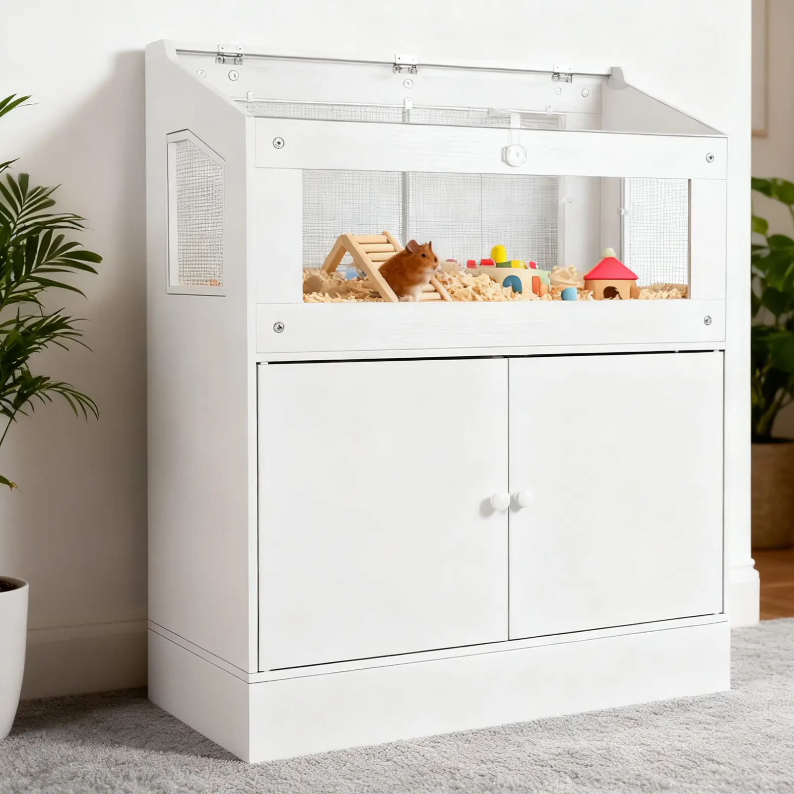Large Hamster Cage and Habitat with Storage Cabinet, Easy-View Acrylic Panels, Ventilated Indoor Small Animal Enclosure for Syrian and Dwarf Hamsters, Gerbils, Rats, Guinea Pigs and Hedgehogs, White