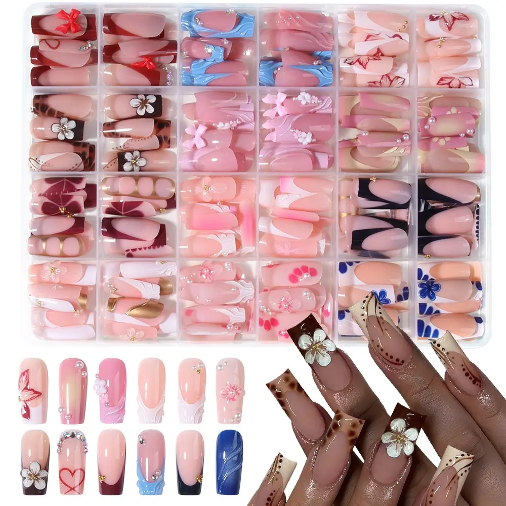 288pcs Long Square Fake Nails, Press on Nail, Blue, 3D Gel Flowers, Bowknots, Rhinestones, Perfect for Daily Use, Parties, Various Occasions