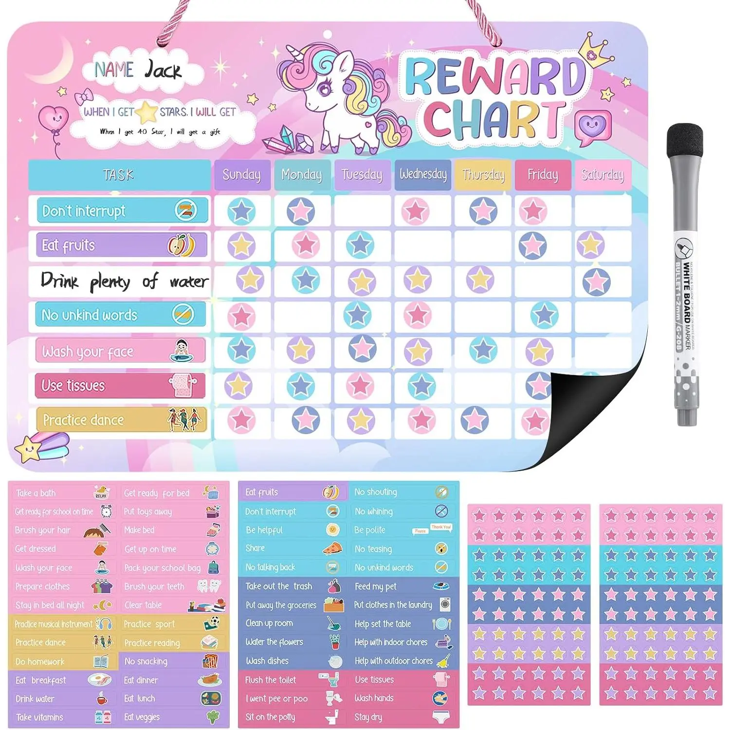 Chart for , Unicorn Design  Behavior Chart for  at  with 52 Chore Charts, 120   Stickers Dry Erase Responsibility Chart for  Potty