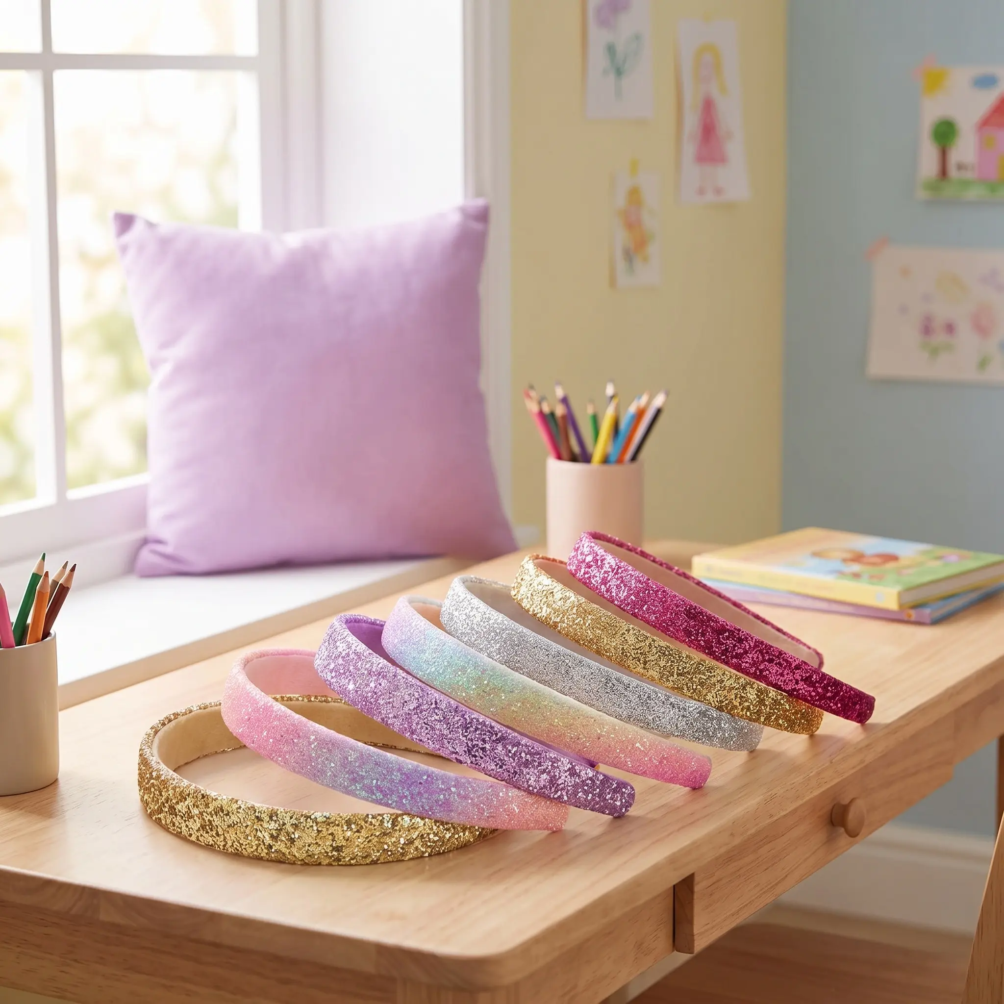 Girls' 8-Piece Glittery Non-Slip Fabric Round Headbands, Sparkly Thin-Wide Gold Pink Purple Hair Accessories for Toddler Casual Outfits, Back to School