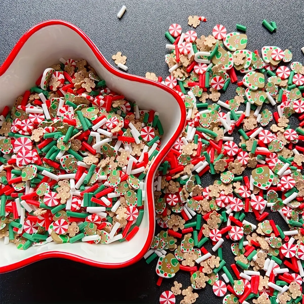 1000pcs Festive Candy Sprinkles Christmas Festive Candy Sprinkles | Polymer Clay Slices for Nail Art, DIY Crafts, and Holiday Decorations (Red, Green, White, Golden)