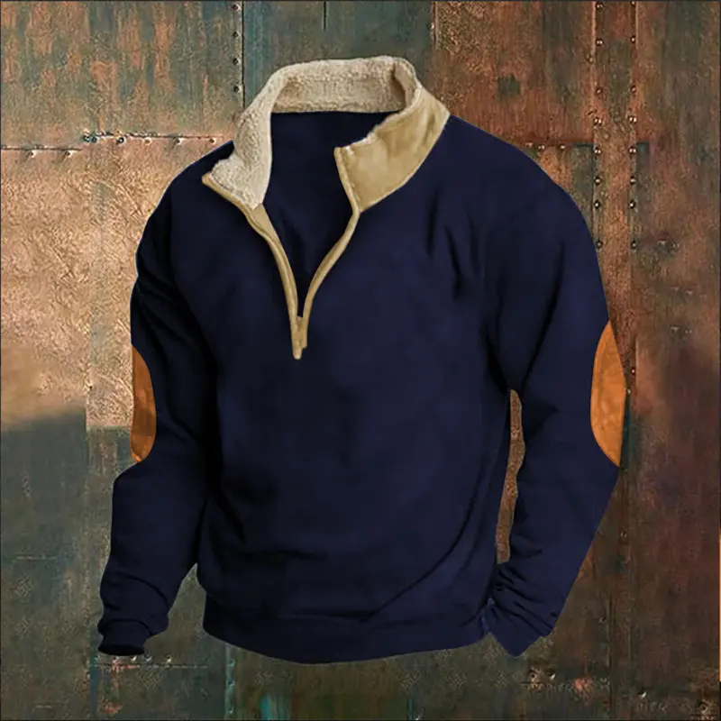 Men's Vintage Panel Splice Half-Zip Knitwear Sweatshirt - Menswear, Stand Collar, Medium-Length Long-Sleeve Minimalist Solid Multi-Function Casual Top, Polyester, Machine Washable