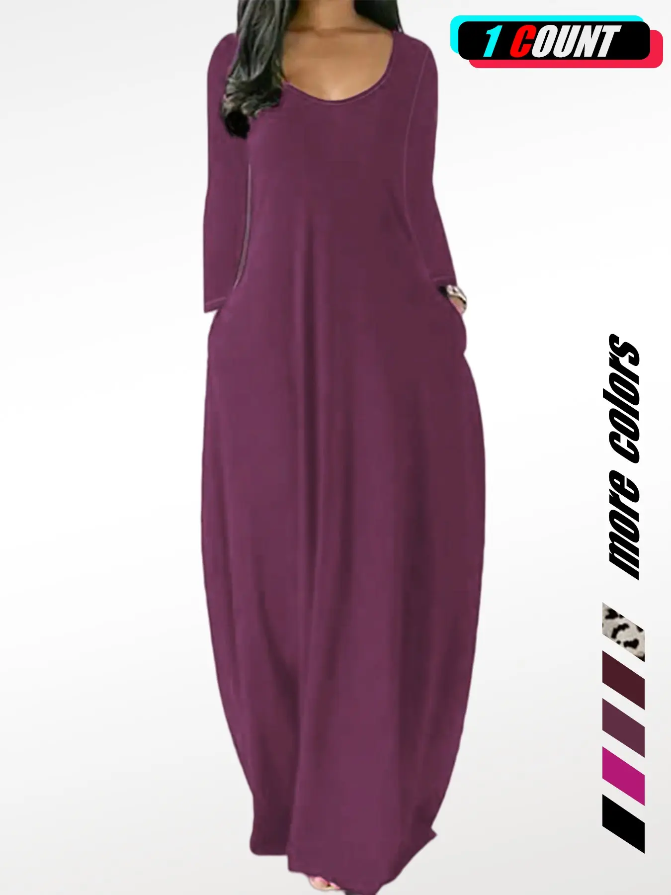 Women's Casual Maxi Dress with Pockets, Long Sleeve Loose Fit Lounge Dress, Soft Comfy Everyday Homewear Dress,Flowy Sleepwear for All Seasons,Minimalist Style for Women