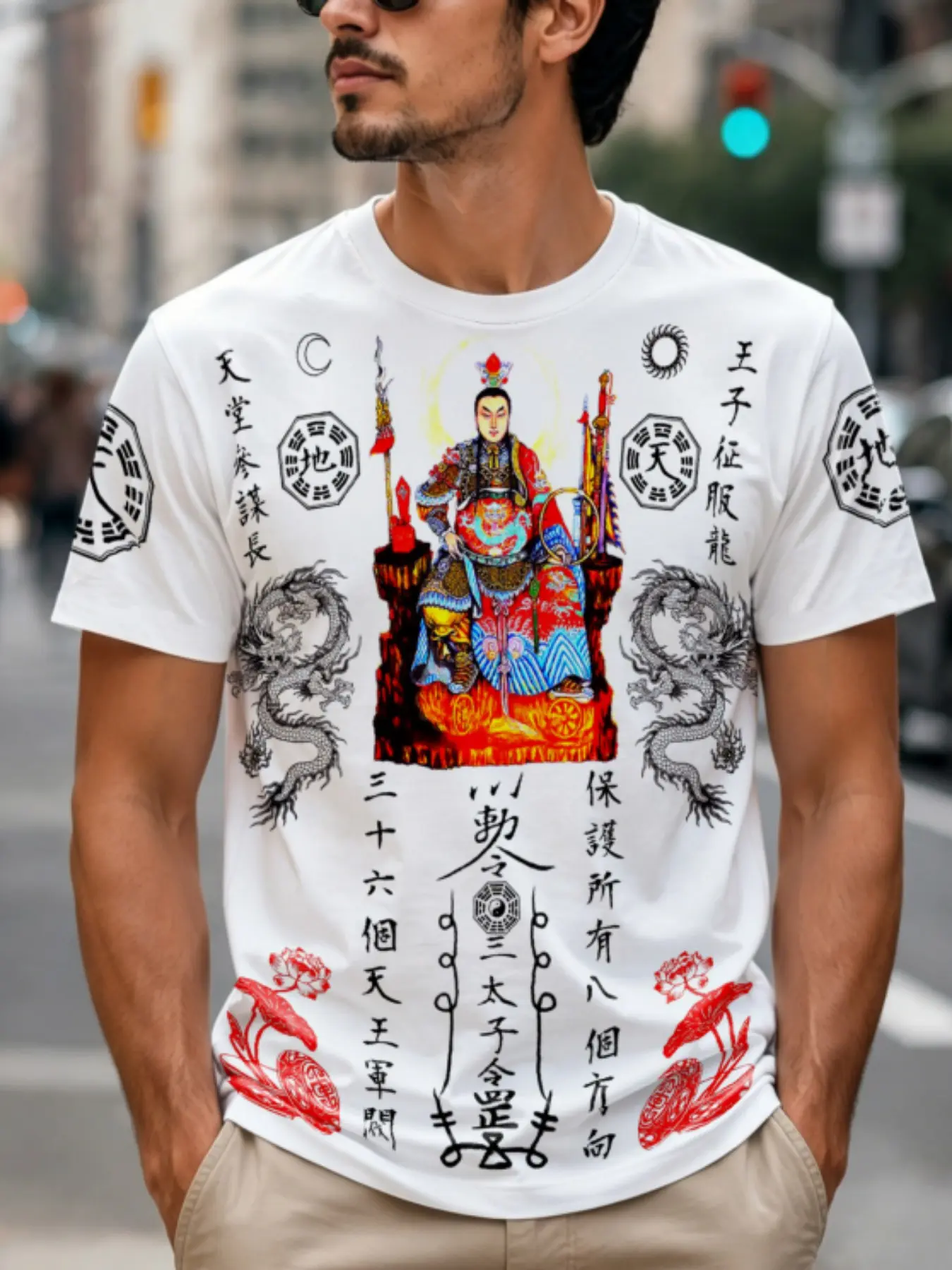 Traditional Eastern God Power Nezha Taoist Symbol Print Short Sleeve Retro Chinese Mythology Lotus Dragon Pattern Loose T-Shirt