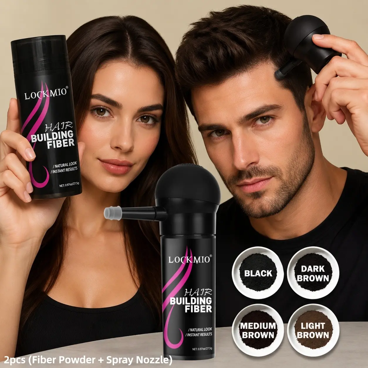 2pcs Fiber Powder Set with Spray Nozzle, Unisex Hair Filler Powder, Instantly Thickening Hair, Covers Bald Spots, Root Fill, Hairline Repair
