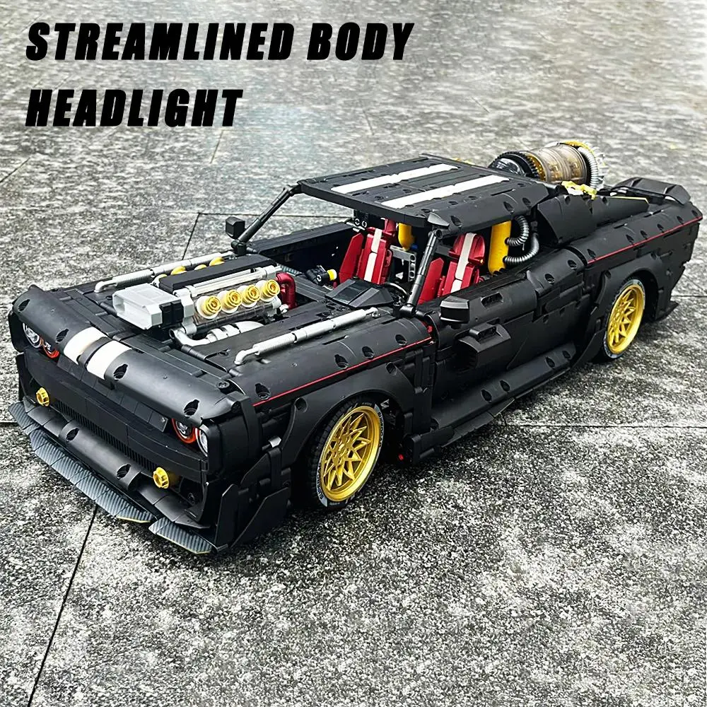 Guly 1:8 Scale Tech Modified Muscle Car Building Set, Black‑White Stripe Collectible Vehicle Model, High-Tech Vehicle Model, Adult Desktop Display, Assembly Gift Blocks
