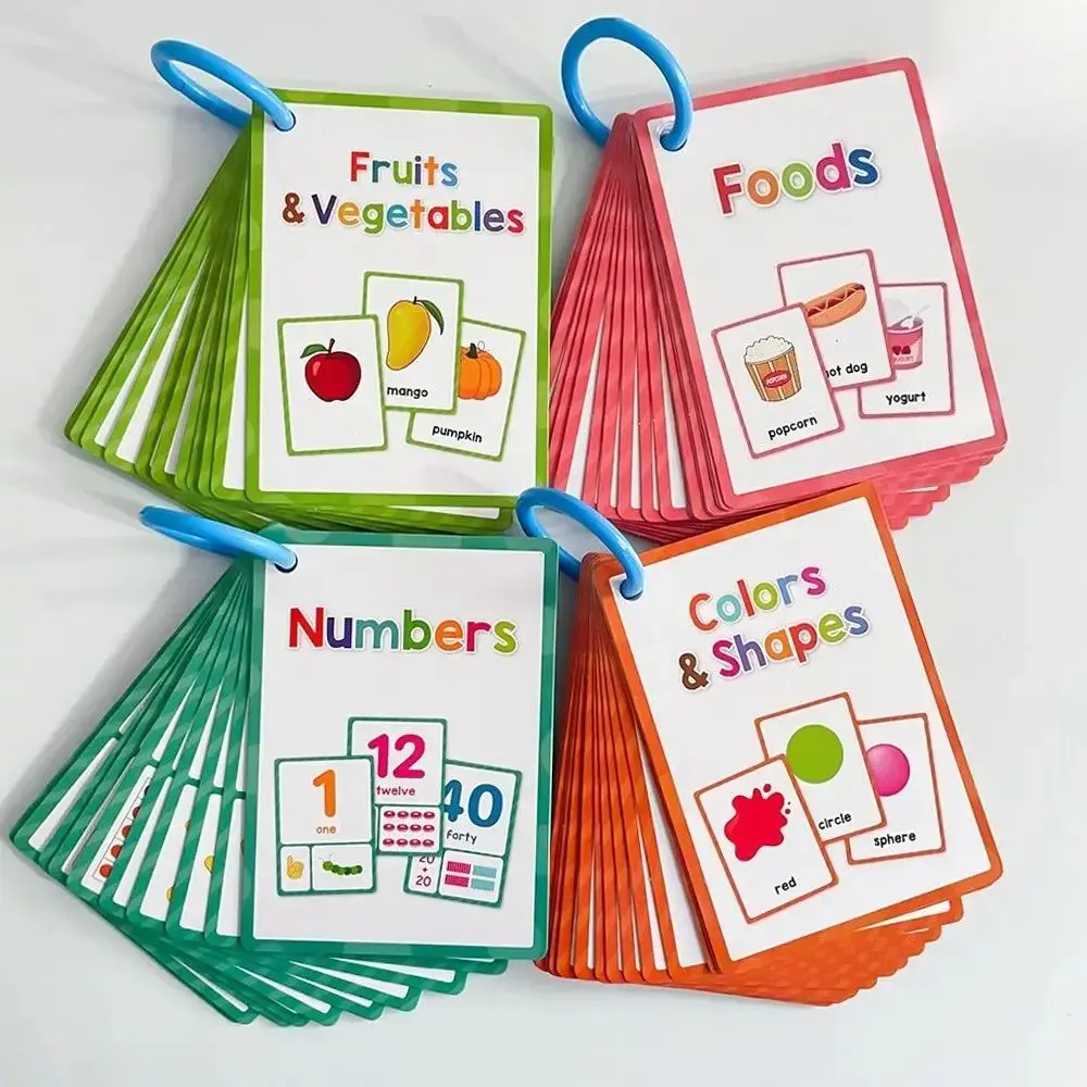4-Pack Study Flash Cards Set, Colorful Number-Shape-Fruit-Vegetable Learning Cards, Double-Sided Study Aid for Classroom, Home Use, Back to School Supplies by Sohochic