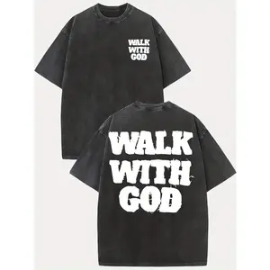 2-wash men's printed T-shirt featuring an inspirational "Walking with God" design, with a double-sided distressed print, a loose, dropped-shoulder fit, and a round neckline.This short-sleeved, light green letter T-shirt is perfect for a casual, summer st