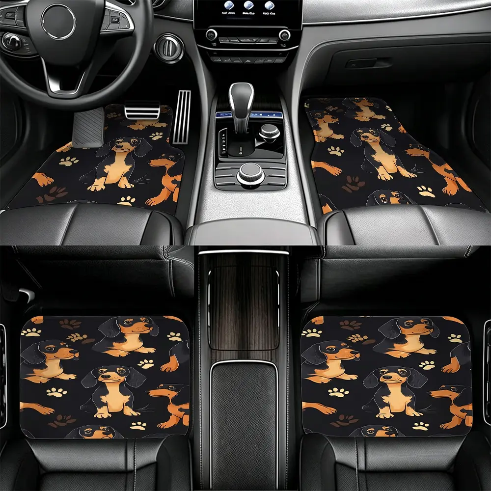 4pcs Black Cartoon Dachshund Paw Print Car Floor Mat Set, Machine Washable Non Slip Universal Rugs For Car SUV Interior Decor