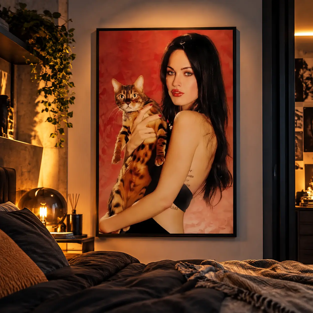 Megan Fox Cat Canvas Poster, 90s Retro Celebrity Wall Art Print, Cute Girl Room Aesthetic Decor for Bedroom Dorm Vanity Office, Vintage Pop Culture Portrait Artwork, Trendy Y2K Style Graphic Gift for Actress Fans