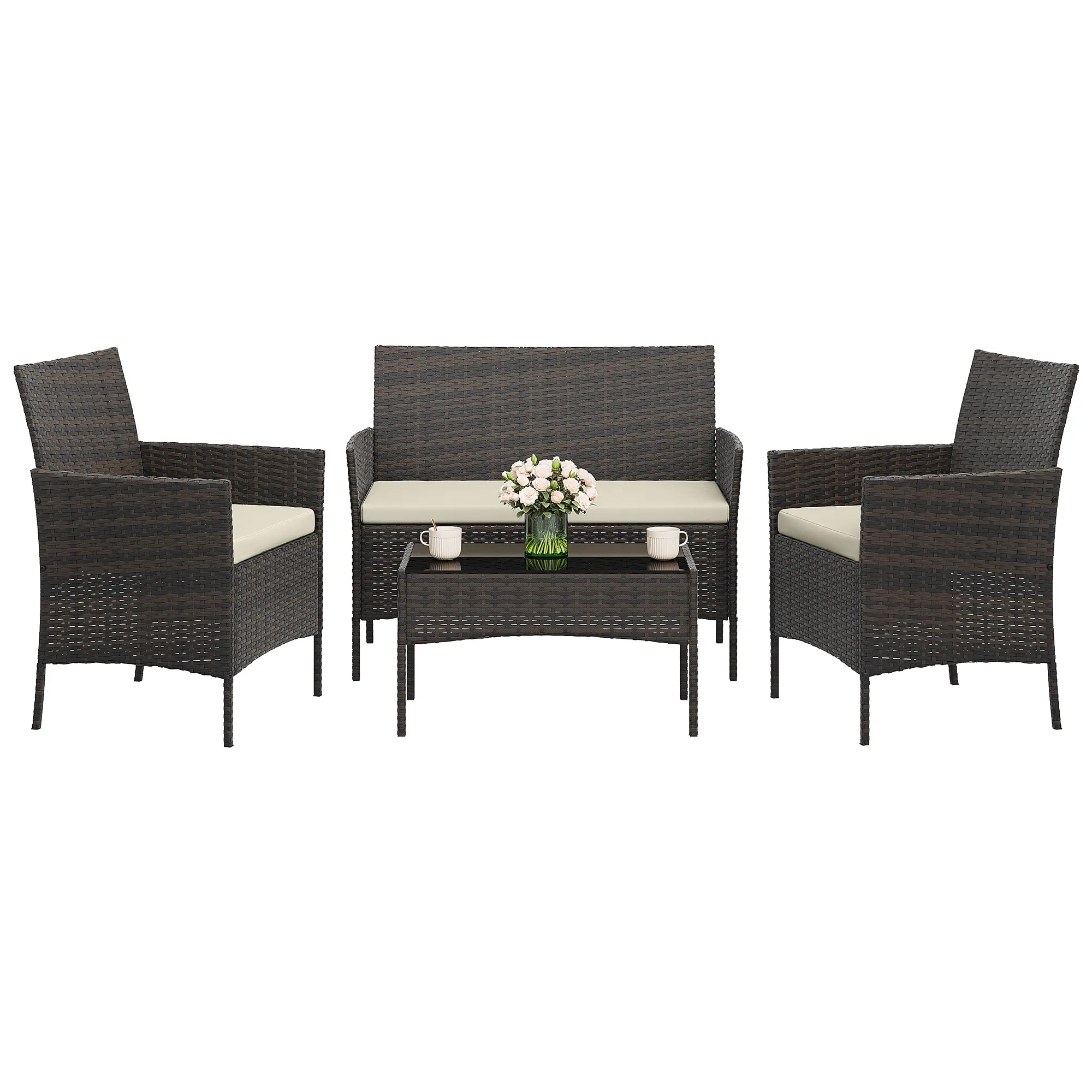 Garvee 4-Piece Wicker Rattan Patio Conversation Set - 2 Chairs + Loveseat & Tempered Glass Coffee Table - All-Weather Cushioned Outdoor Seating for Porch, Deck, Garden