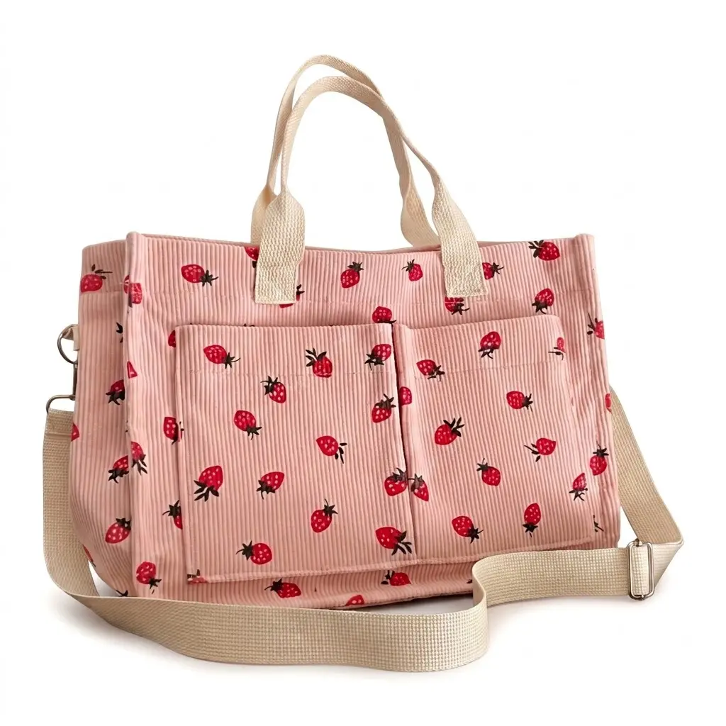Women's Strawberry Print Corduroy Tote Bag - Large Capacity, Multi Pockets, Top Handle, Crossbody Design, for Daily Outfits, Casual Wear, Urban Minimalist Soft Travel Essentials, Top Handle Bag