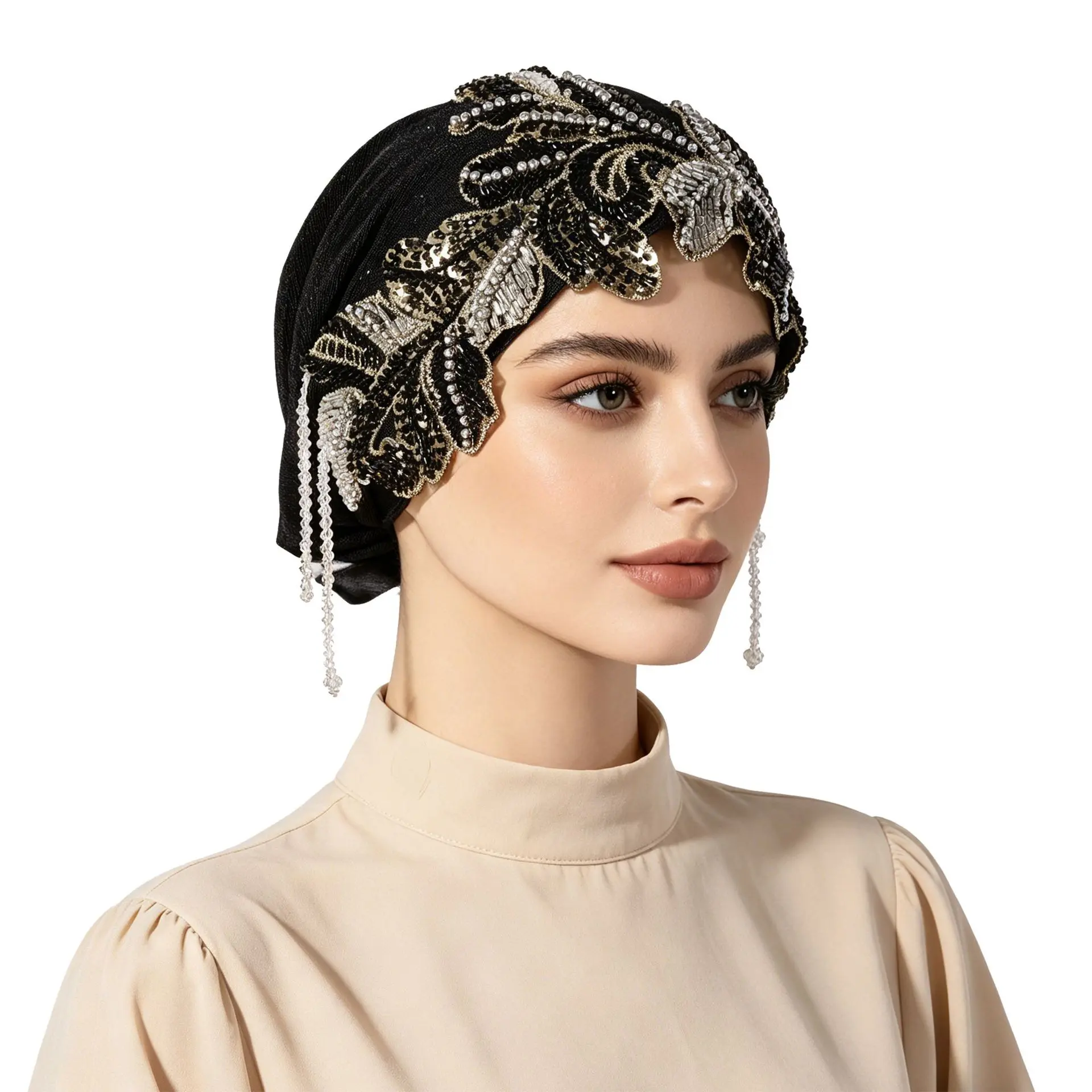 Women's Viral Black Gold Heavy Beading Sequin Turban Beanie Cap, Soft Stretch Fabric, Slip-On Ease, Tasseled Edges Hanging Beaded Tassels, Full Coverage Headwrap for Church Events, Evening Parties