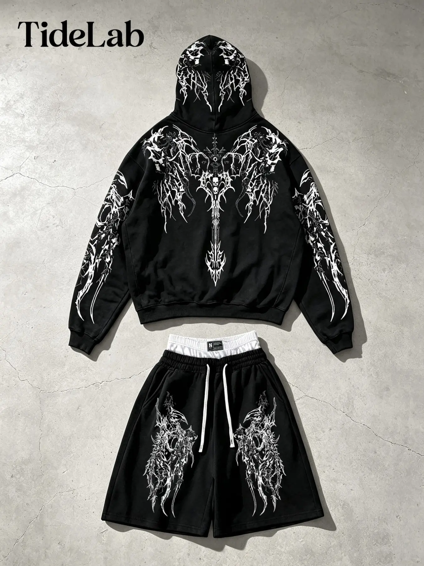 Unisex Thorn Sword Totem Hoodie & Drawstring Shorts Set, Dark Gothic Devil Wings Design, Halloween Skateboard Fashion