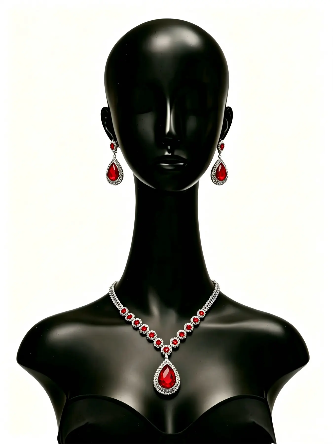 Red Teardrop Pendant Necklace Dangle Earrings Matching Jewelry Set for Wedding Banquet Formal Gown Prom Anniversary