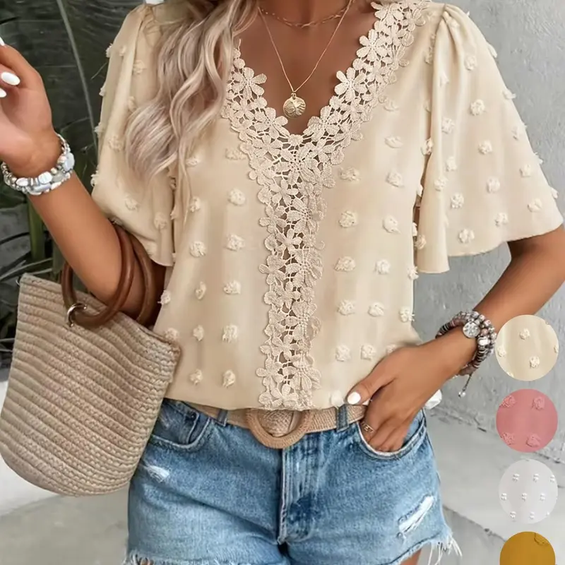 Women's Elegant Light Swiss Dot Butterfly Sleeve Lace Trim Shirt, Short Sleeve Commuter Top, Loose-Fit Casual Summer Blouse for Everyday Wear
