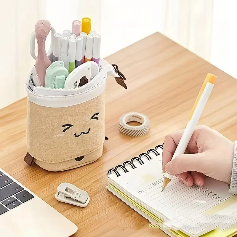 Large Capacity Pencil Case with Smiling Face Design, Durable Polyester, Telescopic Extension, Spacious Stationery Holder for School, Office, Travel