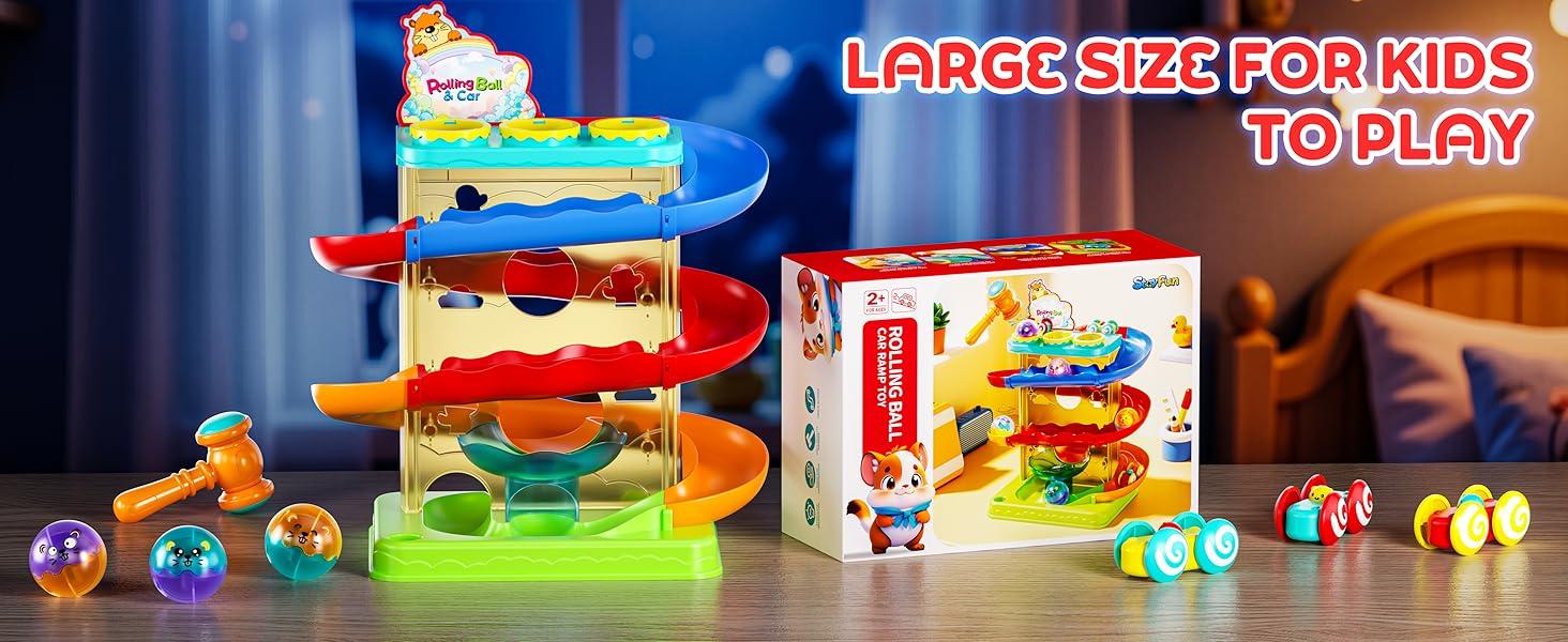 2-in-1 Rolling Ball & Car Ramp Race Track for Toddlers, Hammer Ball Drop Toy for Boys & Girls, Interactive Toys w/Sensor Lights - Montessori STEM Learning Toys - Brithday Gift for Kids 1-5+ Year Old