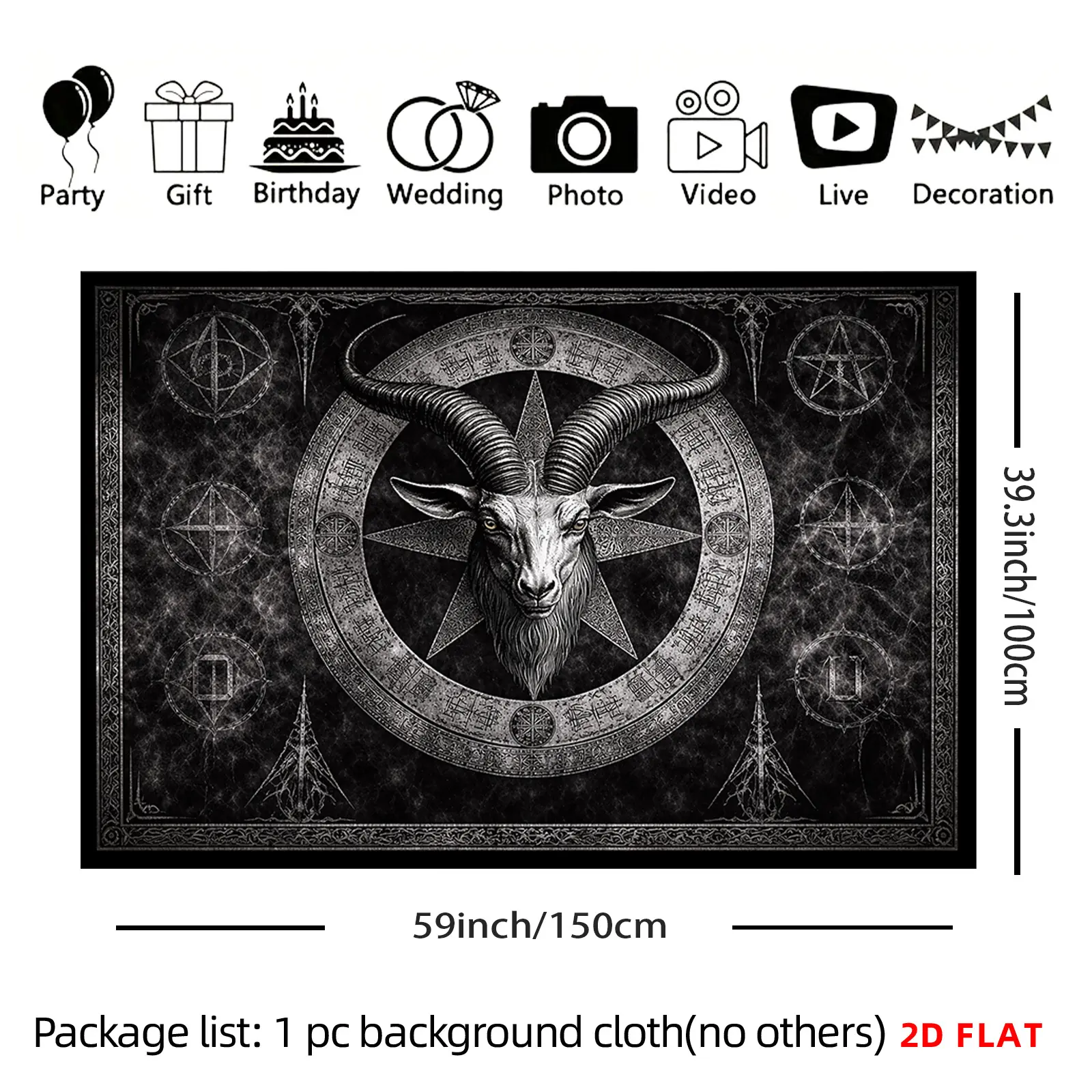 2D Flat - 2D Flat - A Tapestry Featuring a Large Or Small Design with Demonic And Occult Symbols, Including a Pentagram And Baphomet, Ideal for Decorating Walls in Living Rooms, Meditation Spaces, Offices