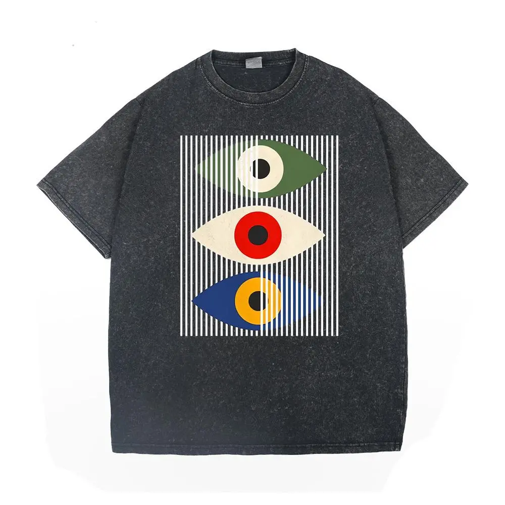 Men's Shortsleeve T-shirt Featuring a Vintage Bauhaus Art Eye Graphic and Washed Fabric for a Worn-In Feel, Tops, Casual, Round Neck, All Seasons, Menswear, Washed Look, Cotton, Streetwear, Tshirt, Eye Print, Washed Effect