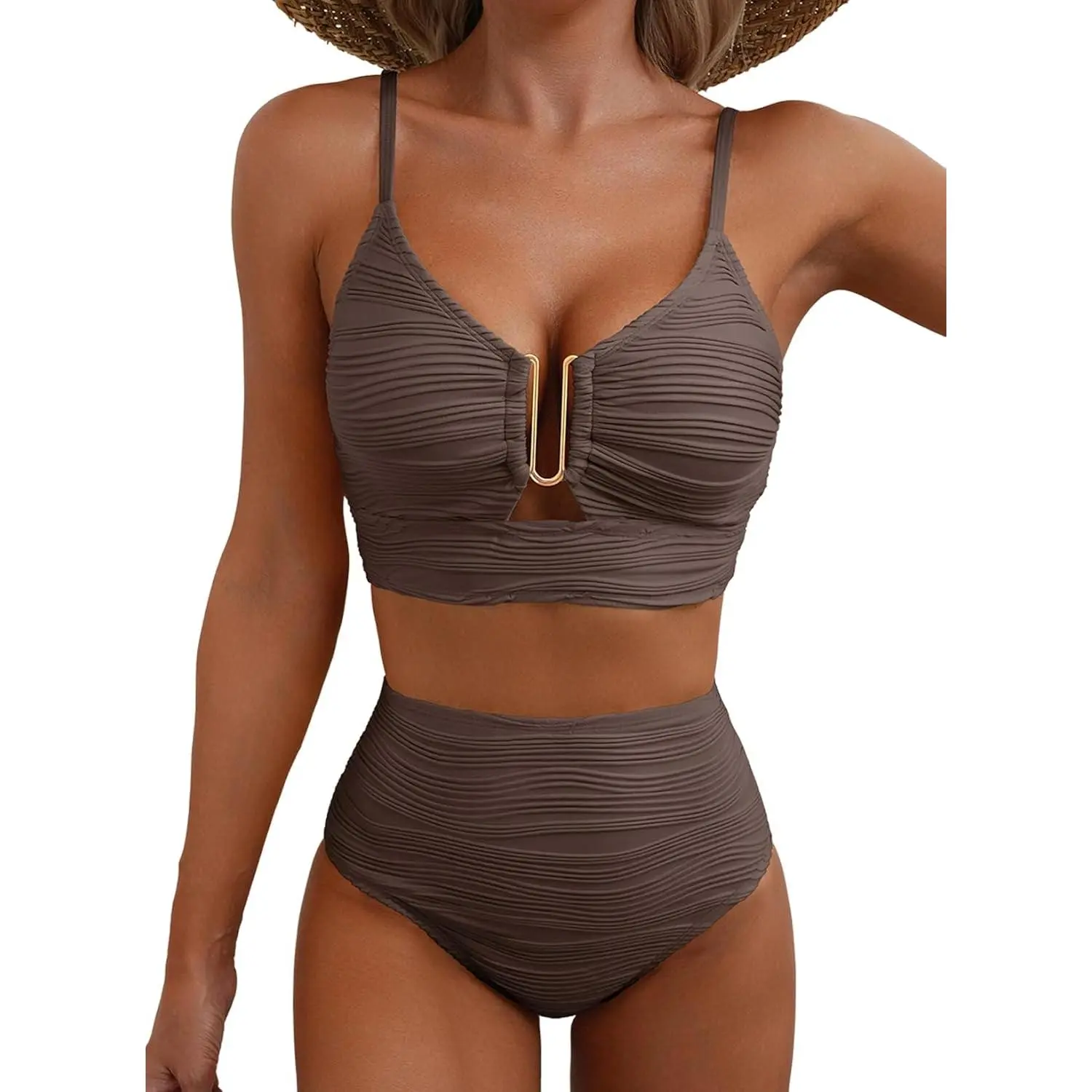 Women's Textured Bikini Set, Stylish 2-Piece Swimsuit with U-Wire Cutout Top and High-Waisted Bottoms for the Beach, Bikini Swimwear Set, Stylish Bikini Set
