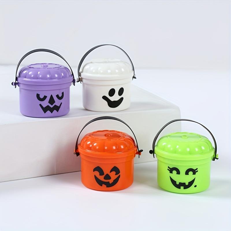 Mini Halloween Nostalgic Cute Plastic Buckets - Orange, Purple, White, Green with Jack-O'-Lantern Faces - Durable Water Buckets for Home Decor, Horror Party Supplies, Ghost Festival & Trick-or-Treat Celebrations, Playful Design, Party Favors Assortment