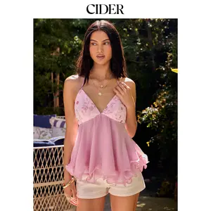 Cider Chiffon Halter Neckline Floral Sequin Ruffled Cami Blouse SummerWins Dealsforyou
