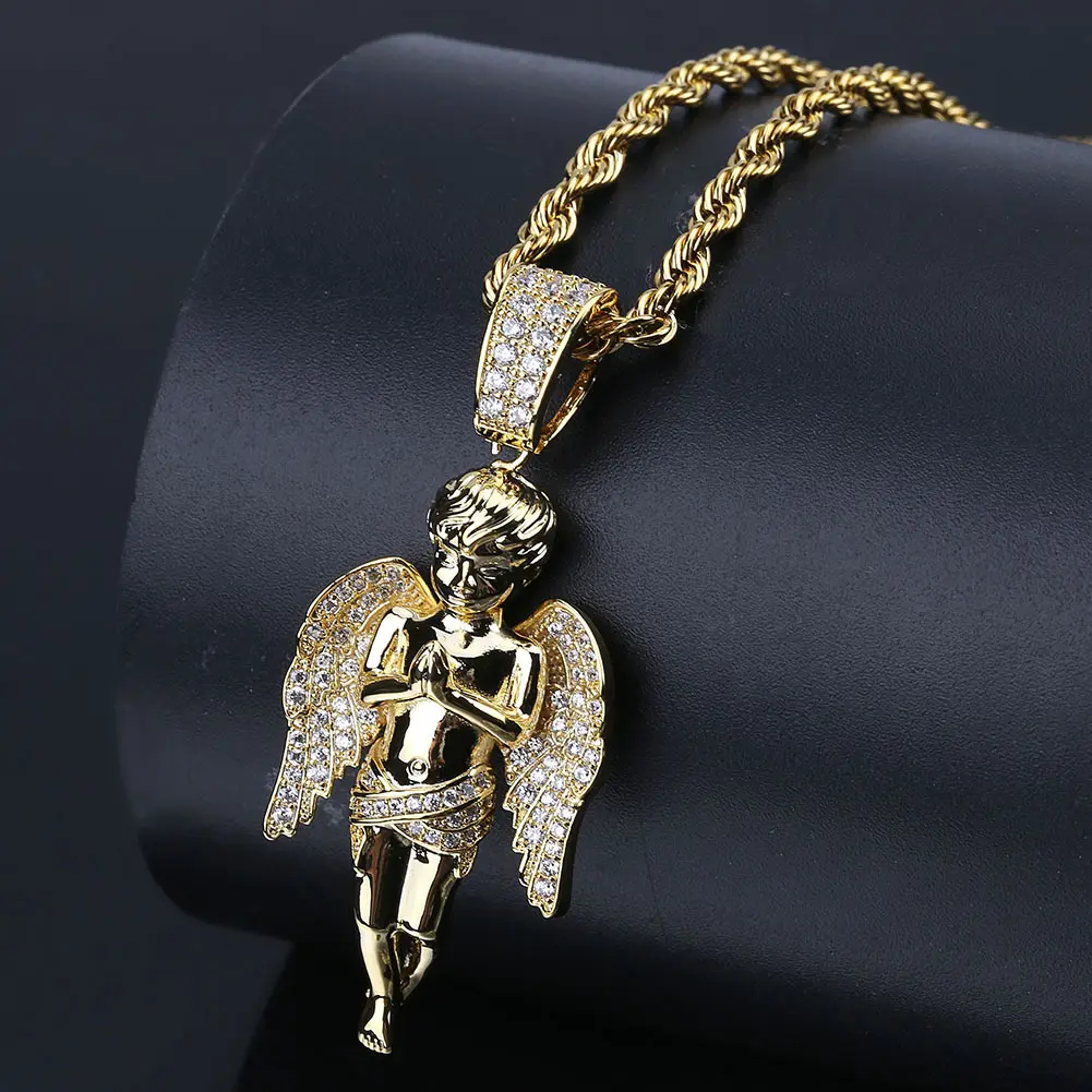 Iced Praying Angel Pendant Necklace with 60cm Gold Twist Rope Chain, Alloy Base Anti-Allergy Hip Hop Jewelry for Dad, Angel Motif Religious Bling Accessory, Long-Lasting Material Faith Gift (Avoid Chemicals) men teen boy, Hip Hop Street