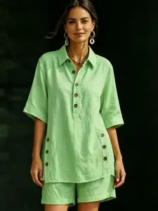 2026 Summer Coastal Grandma Linen Co Ord Set, Women's Loose-Fit Short Shirt & High Waist Shorts, Breathable Casual Wear for Travel