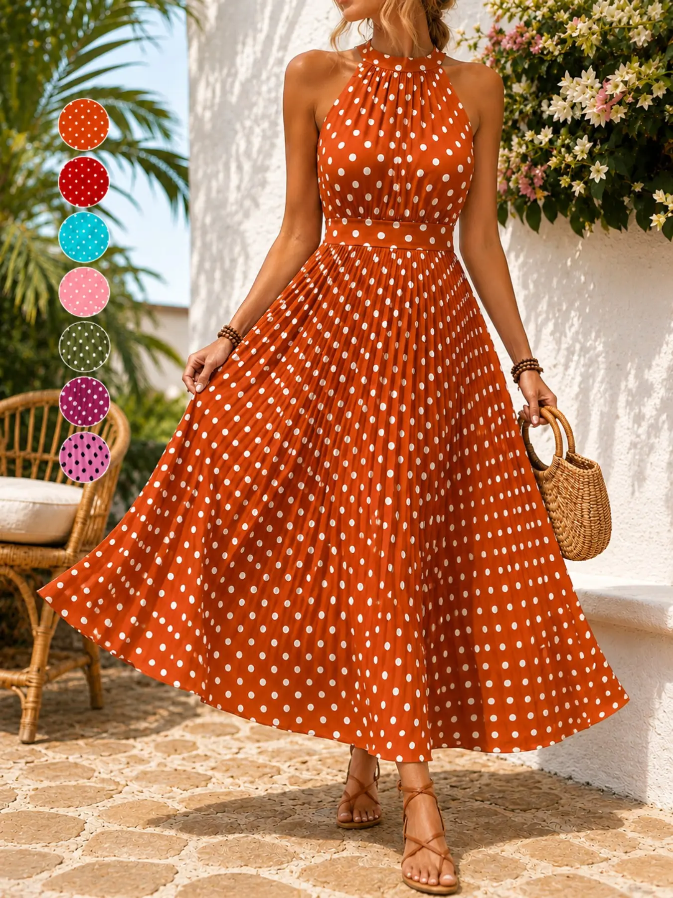 Women's Summer Trendy Chic Polka Dot Halter Midi Beach Holiday Dress, Multi-Color Options, Casual Vacation Style, Beach Resort Wear, Elegant Daily Wear, Perfect for Summer, Elegance