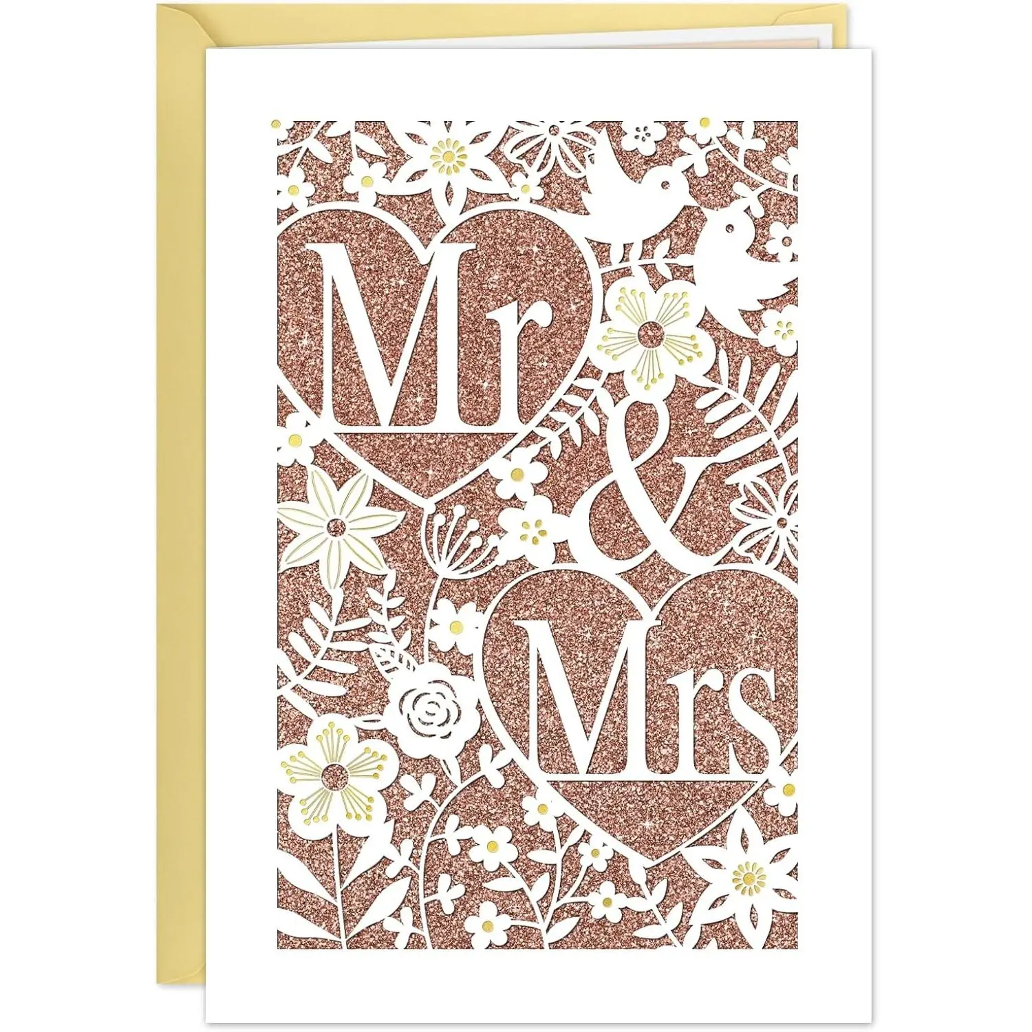 Layered Mr & Mrs Wedding Card for Bride and Groom, 5.5x8 inch | Elegant Die-Cut Floral & Bird Pattern, Gold Foil, Glitter Champagne Gold Background, Envelope and Sticker IncludedGift