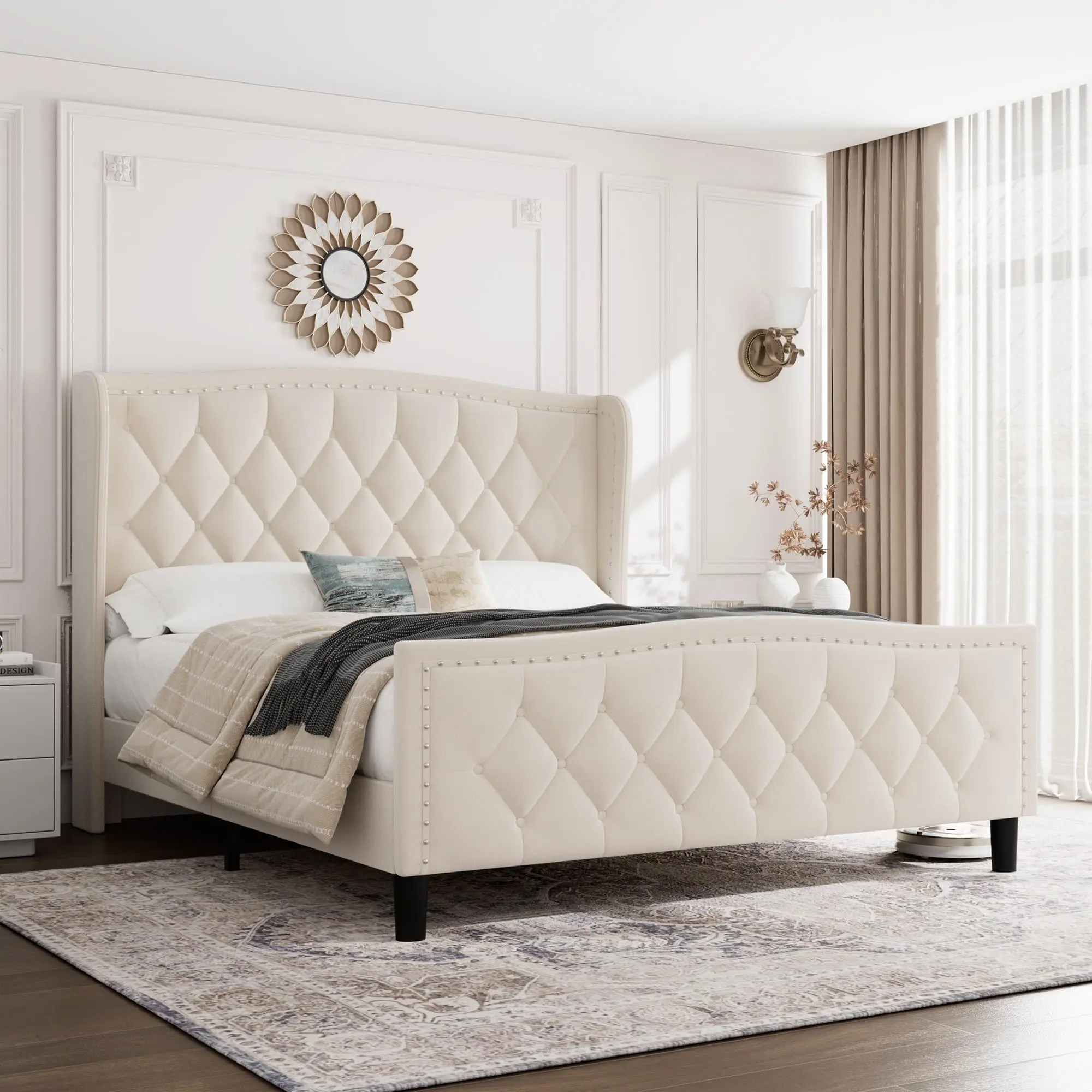 Garvee - Queen Size Bed Frame, Upholstered in Velvet with Wingback Headboard, Wooden Slat Support, No Box Spring Needed, Easy Assembly, Beige Color