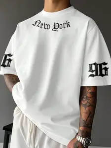 Manfinity EMRG Men's Casual Letter Print Short Sleeve T-Shirt, Summer Oversized White T Shirt Men Men Slogan Graphic Drop Shoulder Tee Street Wear Tee 96 Graphic Tee New York Graphic Tee Streetwear