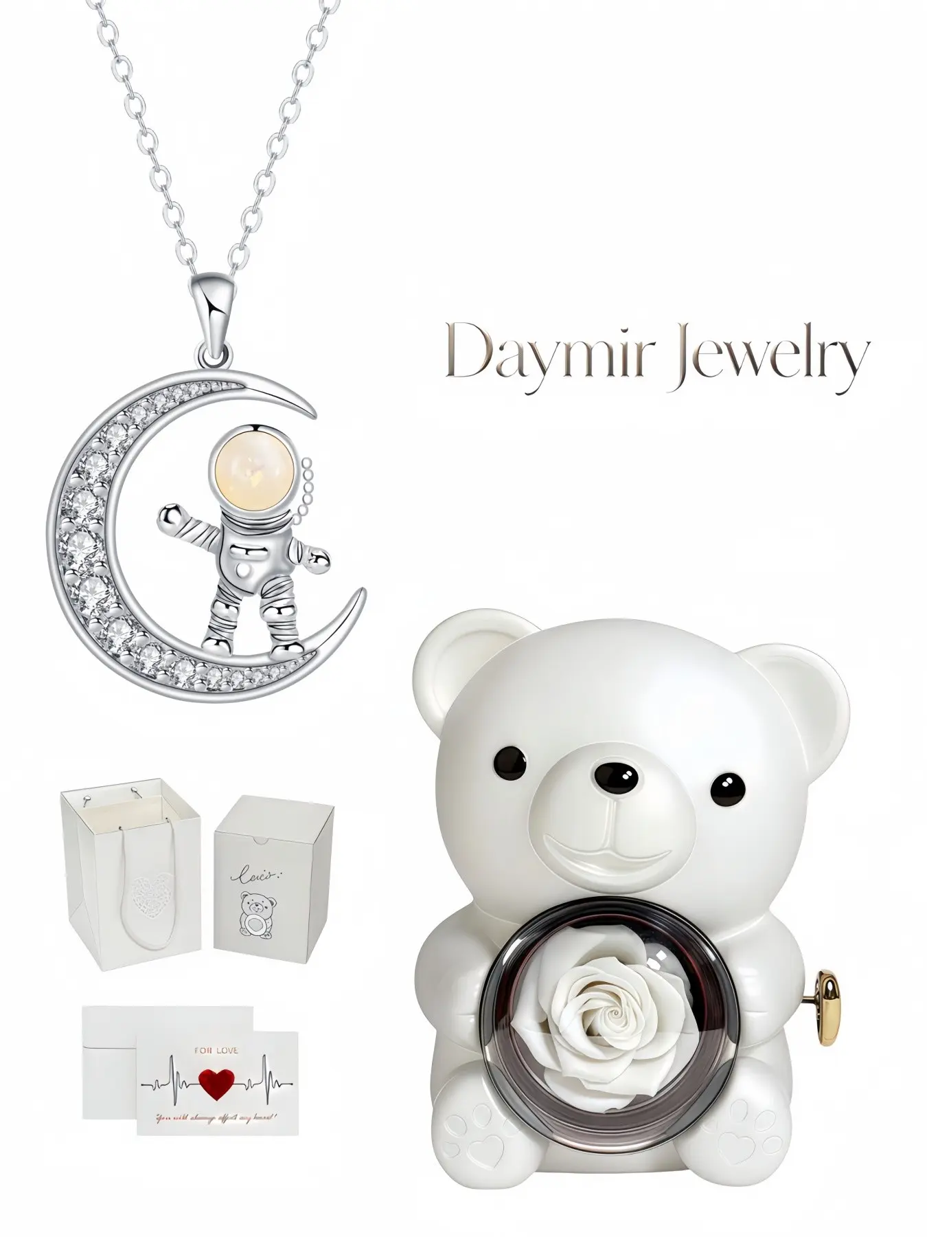 Original opal astronaut moon necklace, fade‑proof space‑themed clavicle chain. Packaged in lovely rotating rose‑bear jewelry box as a mysterious holiday surprise, great for birthday and Christmas gifts.