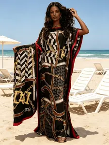 Women's Black Retro Chain Letter Geometric Print Maxi Kaftan Dress with Matching Headscarf 2 Piece Set, Silky Satin Loose Batwing Beach Cover Up, Plus Size Loungewear Nightgown Pajama for Resort Pool Home Sleepwear, Casual Wear