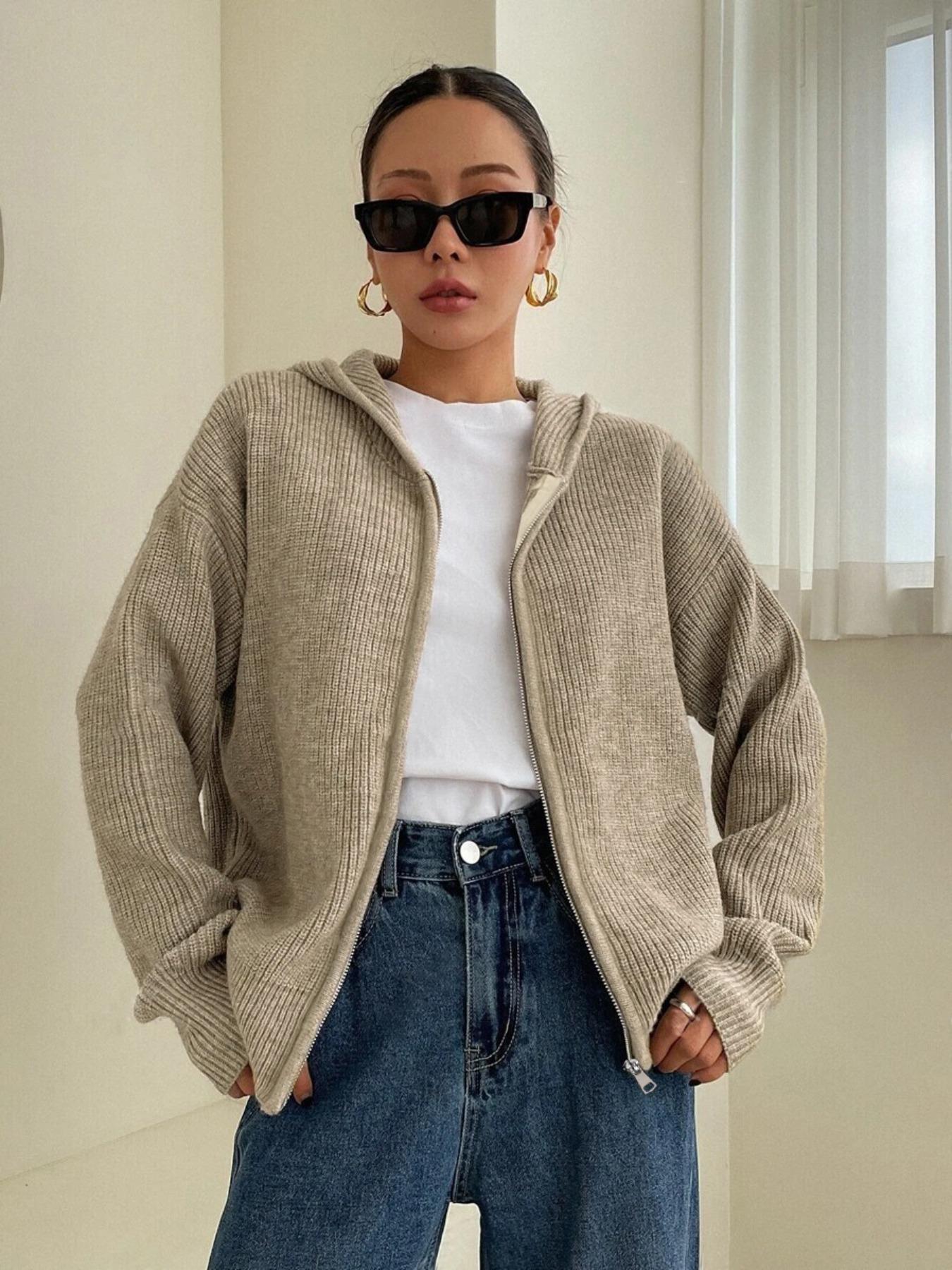 Women's Solid Zip-Up Hooded Sweater Cardigan, Casual Drop- Shoulder Long-Sleeve Cardigan, Women Knitwear for Fall & Winter Daily Wear