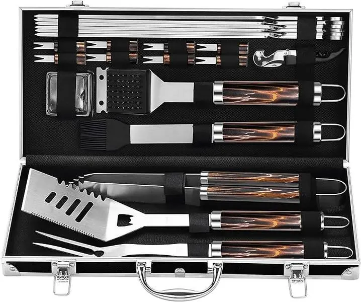 Grilljoy 22pc Stainless Steel Grilling Tools Set - Backyard Kitchen Barbecue Accessories with Black Aluminum Sturdy Case, Skewers, Bottle Opener, Ideal Father’s Day Gift for Dads