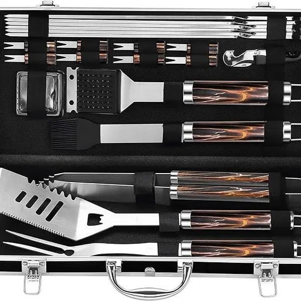 Grilljoy 22-Piece Stainless Steel Barbecue Tool Set - Outdoor Kitchen Grill Accessories with Skewers, Bottle Opener, Sturdy Black Aluminum Case, Ideal for Patio Cooking, Father’s Day Gifts