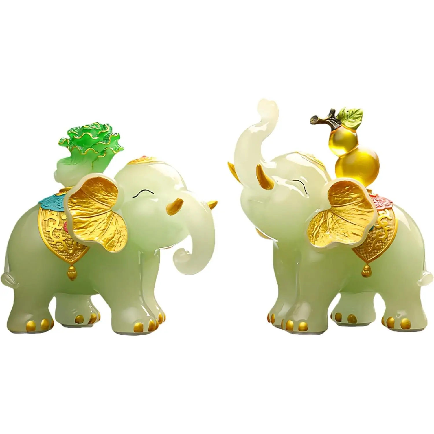 Aris & Juno Jade Green Elephant Statue Set of 2, Lucky Feng Shui Elephant Figures with Cabbage & Gourd for Wealth, Home Office Desk Bookshelf Decor, Prosperity Symbol Gift for Housewarming Birthday animal figurine